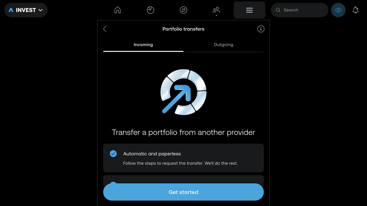 Trading 212 incoming portfolio-transfer screen describing an automatic and paperless transfer from another provider