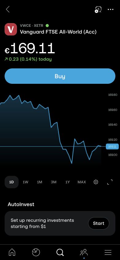 Mobile-width Trading 212 web app showing the Vanguard FTSE All-World UCITS ETF page with a Buy button, price chart and AutoInvest setup
