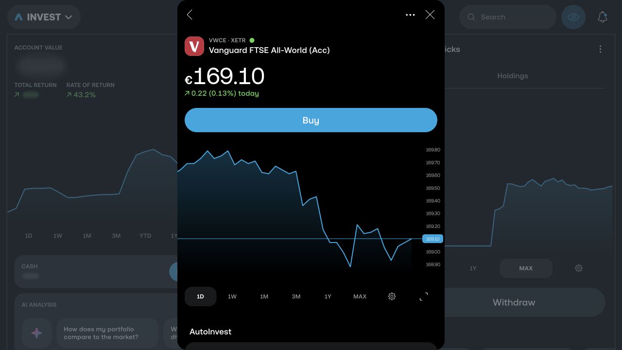 Trading 212 instrument page for the Vanguard FTSE All-World UCITS ETF on Xetra, with the Buy button, one-day chart and AutoInvest section visible