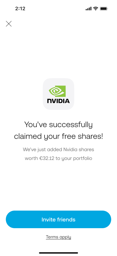 Trading 212 app confirmation screen showing a free fractional share added to the account