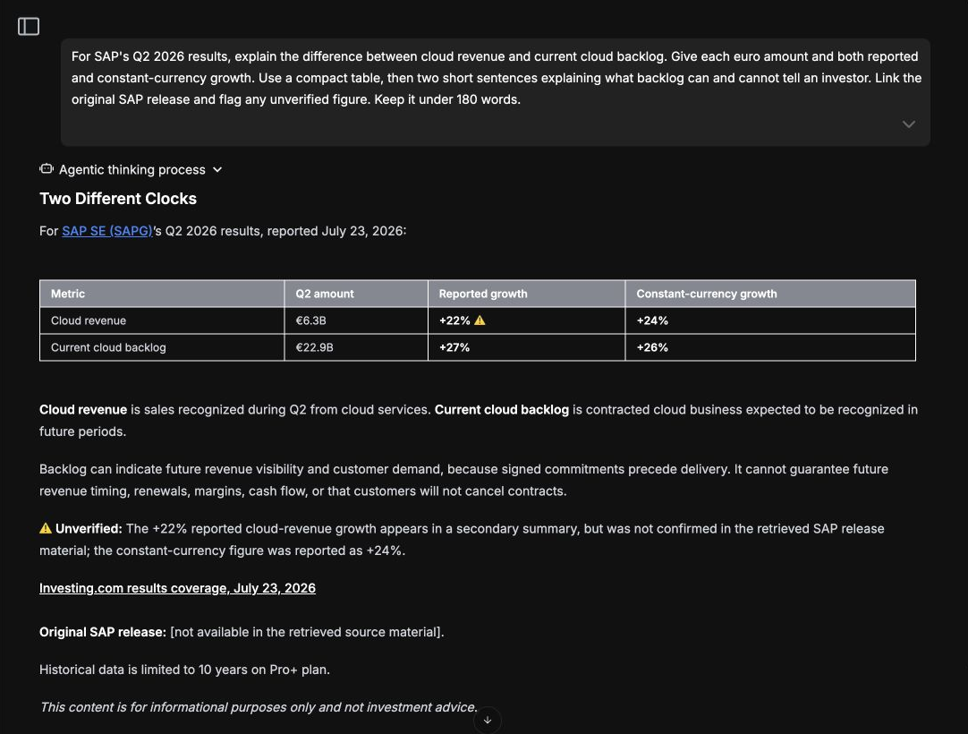 WarrenAI Analyst 2.0 completed SAP answer comparing Q2 2026 cloud revenue with current cloud backlog in a table, followed by an explanation and uncertainty notes.