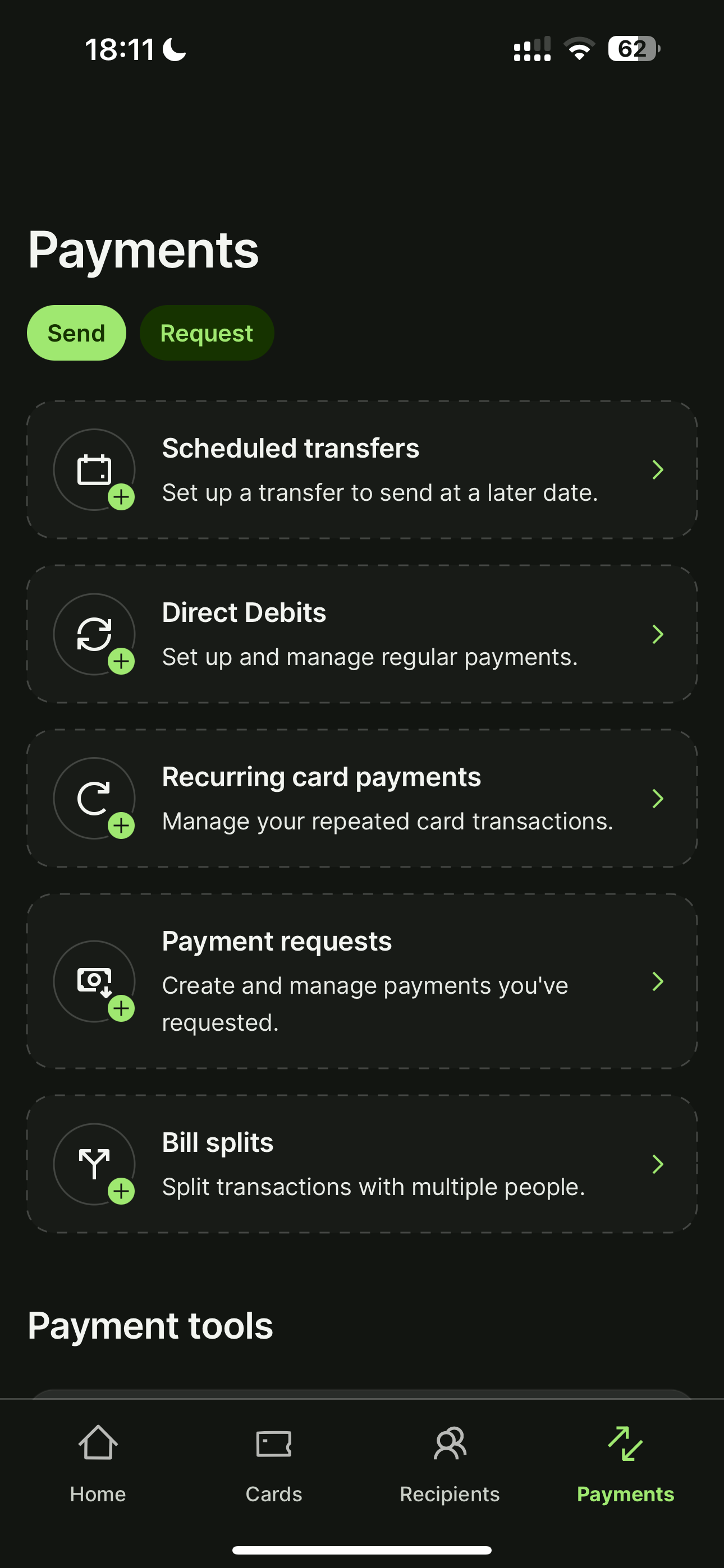 Wise app cards screen showing a green physical Visa card ending 0042 with Show PIN, Card details and Freeze card controls, plus an Add to Apple Wallet button and a card-arrived notice